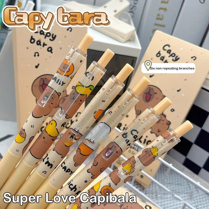 Capybara Quick-Drying Gel Pen, Caneta de Escrita Suave, Cartoon Pressionando, Material Escolar Neutro, Papelaria bonito, Kawaii, 6pcs