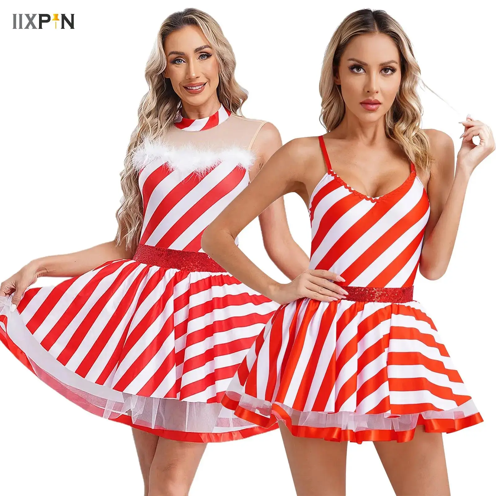 Women Christmas Party Candy Cane Dress Adults Sleeveless Sequins Leotard Tutu Figure Skating Dance Dress Xmas Cosplay Costume