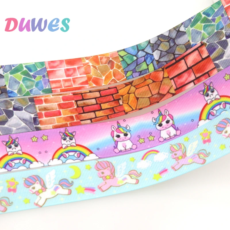 DUWES 50yards Unicorn Horse Brick Printed Grosgrain Ribbon Accessories Material Headwear Decoration DIY Sewing Craft D1887