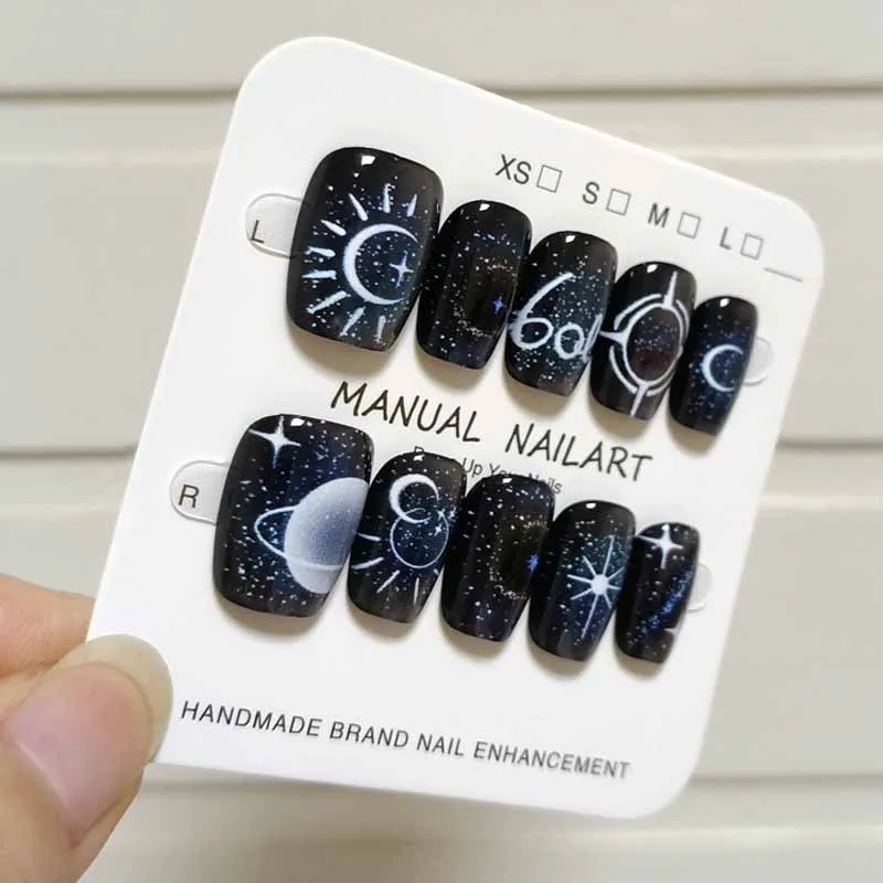 10Pcs Black Star River Cat Eye Cool Fantasy Fake Nails Handmade Press on Nails Dreamy Jellyfish French Style Nail Patch Nail Art