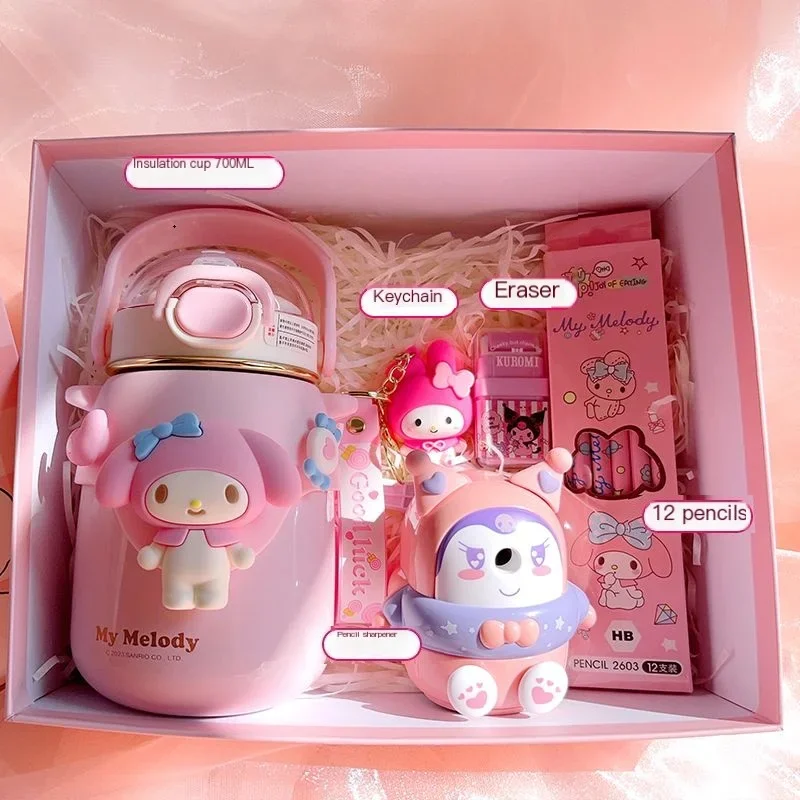 Kawaii Anime Sanrioed My Melody Child Birthday Gift Box 700Ml Thermos Cup Student Stationery School Supplies Girls Gift Creative