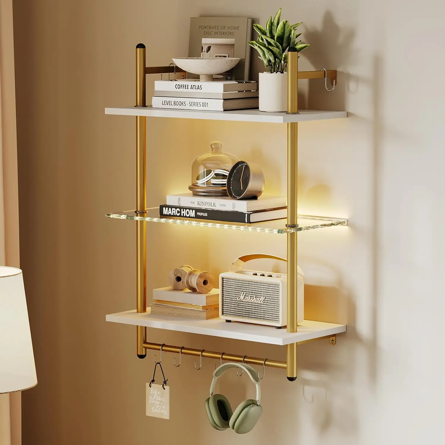 

24” Floating Shelves with LED Lights for Wall, 3 Tier Wall Mounted Glass Shelves with 8 Hooks, Coffee Bar Shelf Hanging
