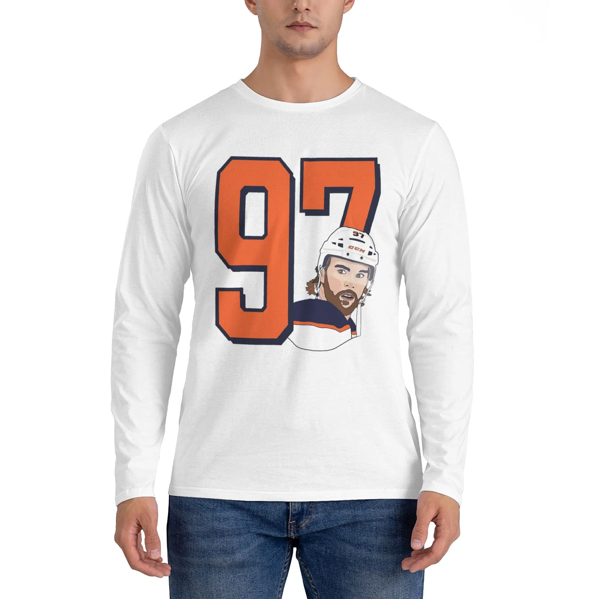 كونور ماكديفيد 97 لمحبي إدمونتون أويلرز تي شيرت رجالي بأكمام طويلة تي شيرت كاجوال برقبة مستديرة تي شيرت للربيع والخريف ملابس علوية للرجال