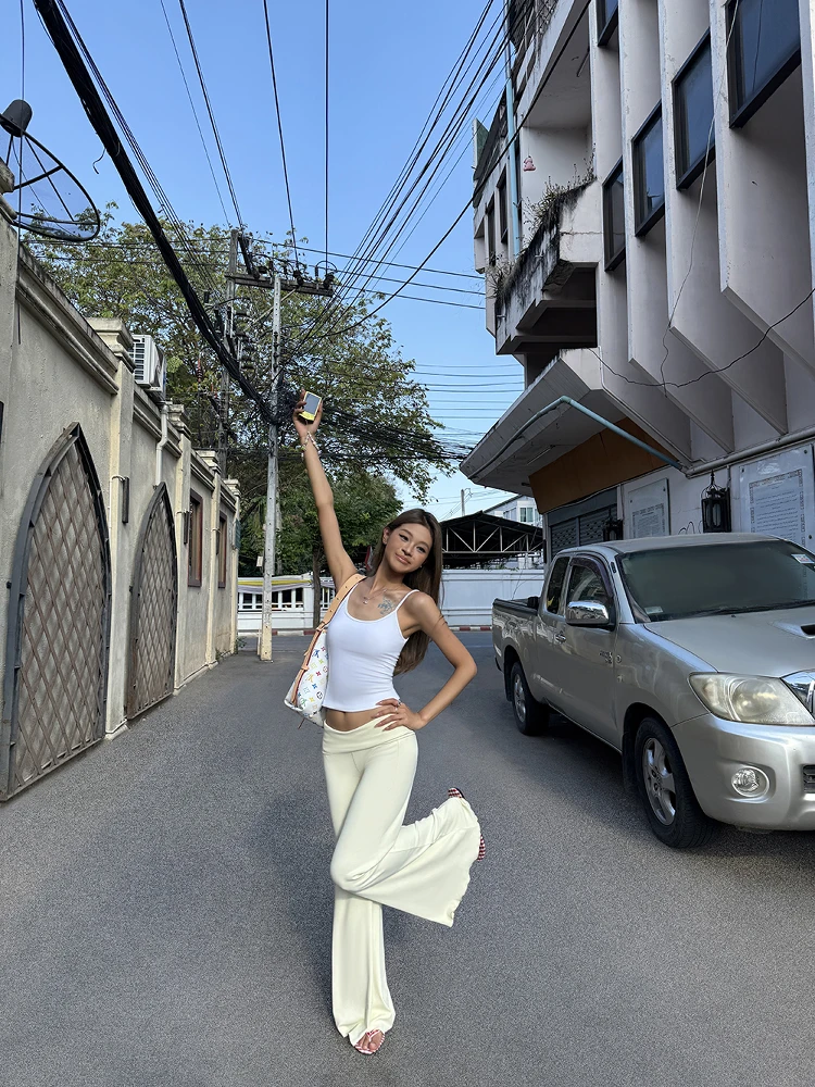 Women Fold Waist Cuff Flare Pants