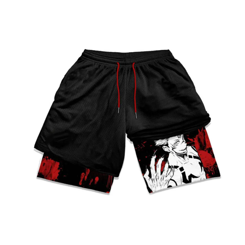 Men\'s 2 in 1 Performance Shorts Male Workout Anime Jujutsu Kaisen Itadori Yuji Print Shorts Training Gym Sportswear Short Pants