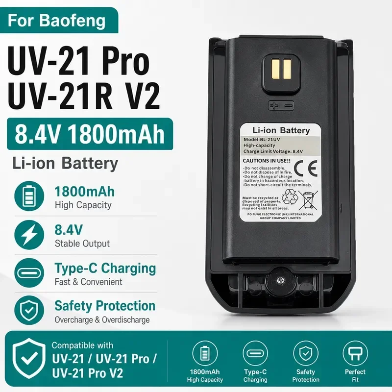 [NEW]   8.4V 1800mAh Walkie Talkie Battery for Baofeng UV-21 Pro UV-21R Typc-C Charging UV21 Pro Two Way Radio Rechargeable