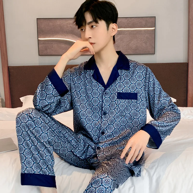 Pajamas Men Spring Summer Thin Ice Silk Luxurious Loose Fitting Home Wear Suit Male Satin Pyjamas Set Night Pajamas Set Men