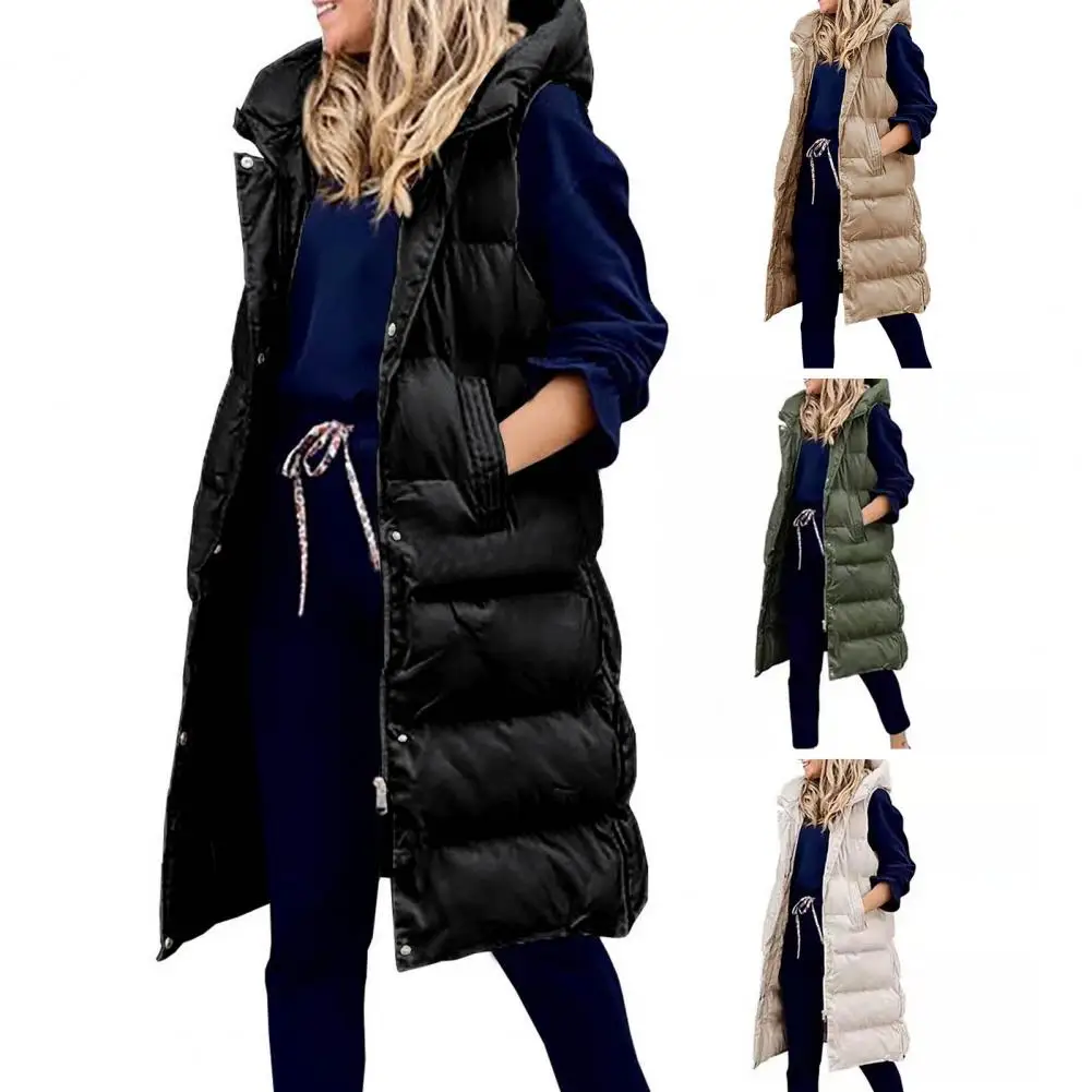 Vest Overcoat Plus Size Sleeveless Jacket Solid Color Winter Mid-Length Sleeveless Hooded Warm Cotton Waistcoat Coldproof