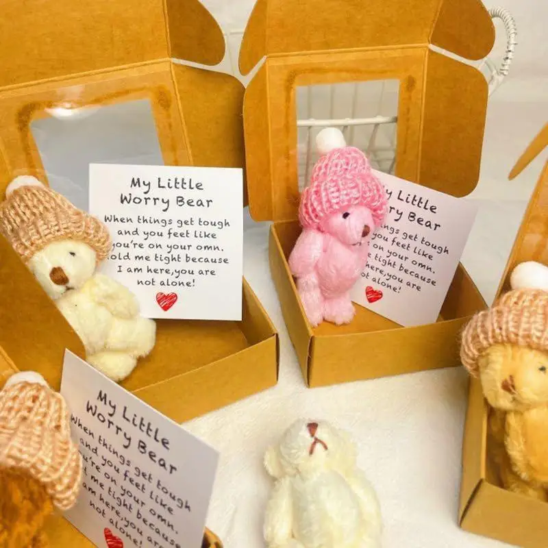 Mini ursos urso animal de pelúcia em caixa artesanal pequeno animal brinquedo de bolso com cartão inspirador para crianças chá de bebê
