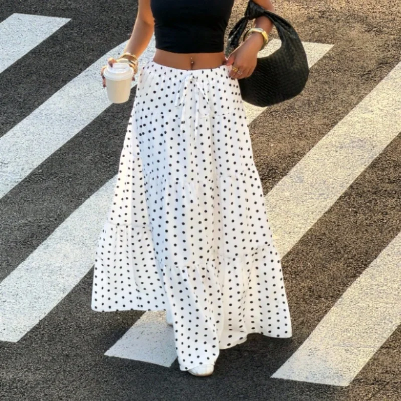 Women Polka Dot Tiered Maxi Skirt Drawstring Elastic High Waist Flowy Ruffle Casual Beach Long Skirt Fashion Streetwear