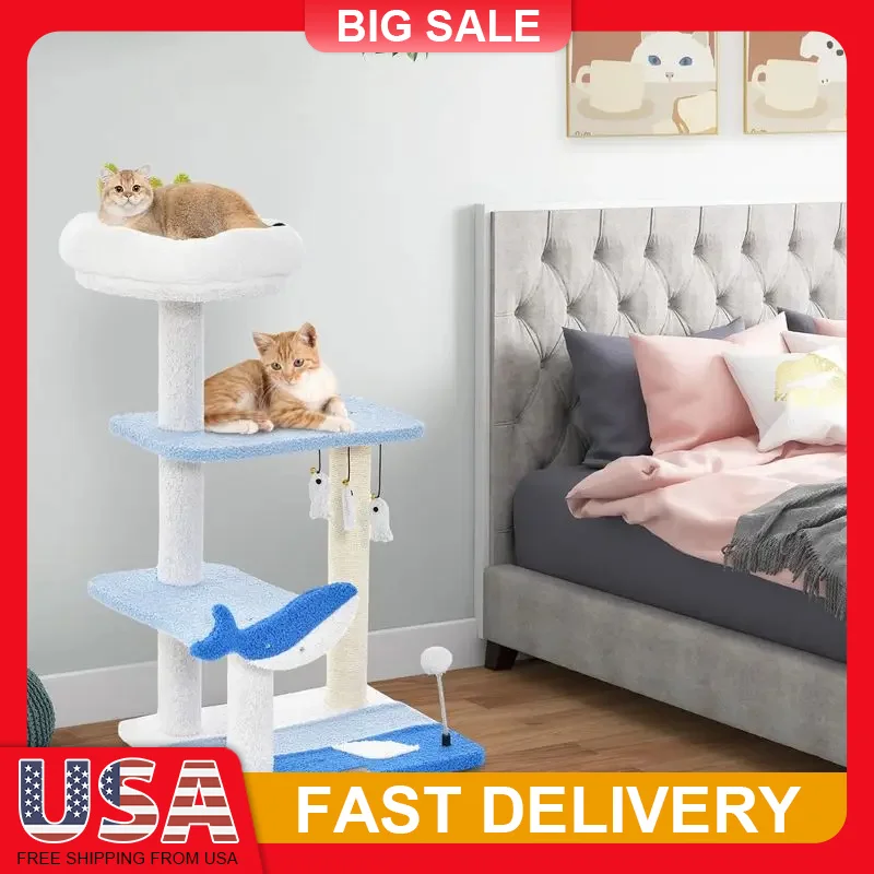 

Ocean Theme Cat Tree with Sisal Scratching Posts Plush Perch Hanging Toys Multi-Level Playhouse for Cats Blue Coastal Design