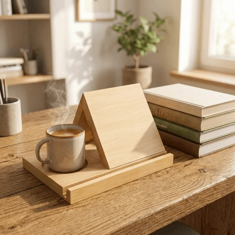 2 in 1 Triangle Wooden Book Holder Decorative Sturdy Reading Stand with Cup Holder Simple Freestanding Book Holder Library