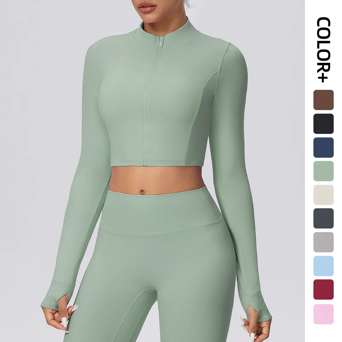 Short Style Yoga Zipper Long Sleeves for Woman Gym Sports Solid Color Running Shirts Thumbhole Design Zipper Jacket Top Clothing