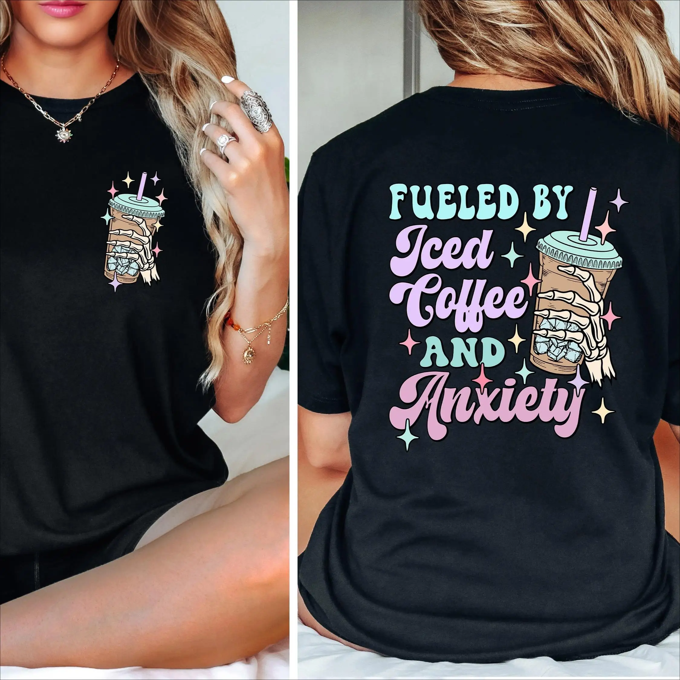 

Women's Funny Iced Coffee T-Shirt "Fueled By Anxiety" Skeleton Hand Graphic Tee Coffee Lover Humor Gift Casual Top