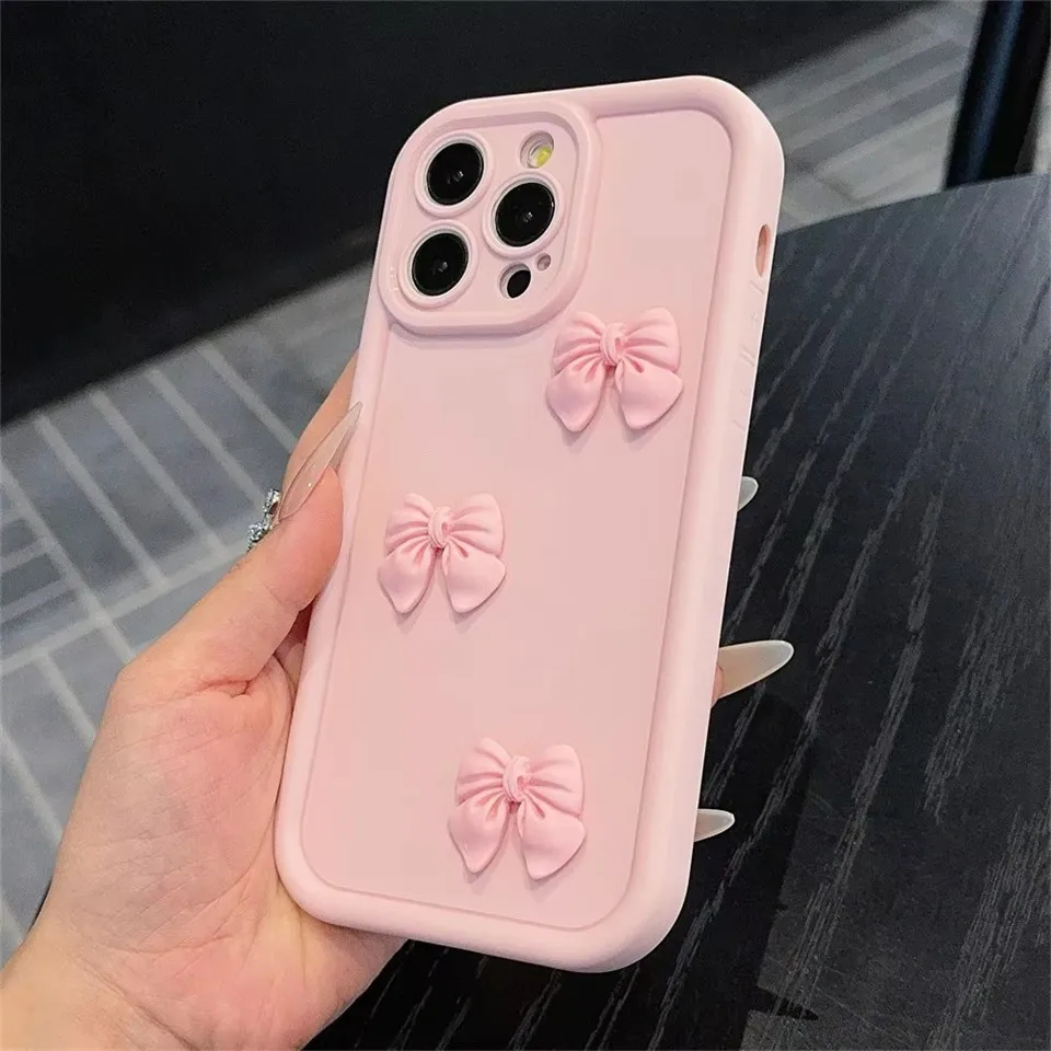 3D süße rosa Schleife einfarbig Candy Handyhülle für iPhone 11 12 13 14 15 16 Pro Max X XS XR 8 Plus weiche Rückseite