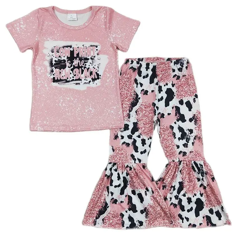 Toddler Western Outfit Baby Girl Short Sleeves Pink Tee Shirt Cow Print Bell Bottom Pants Wholesale Children Kids Set Clothes