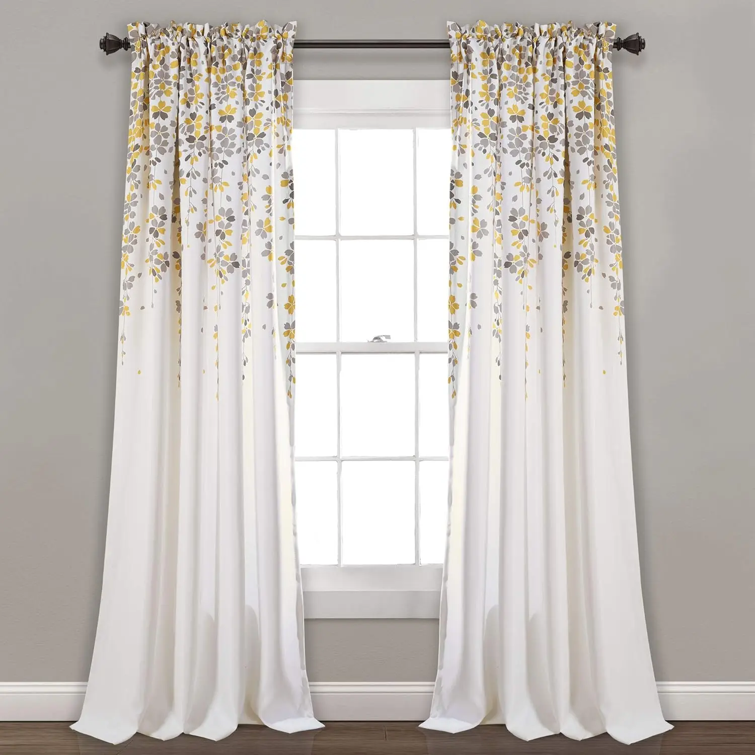 

Weeping Flower Light Filtering Window Curtain Panels, Pair, 52"W x 84"L + 2" Header, Yellow & Gray - Charming Modern Flo
