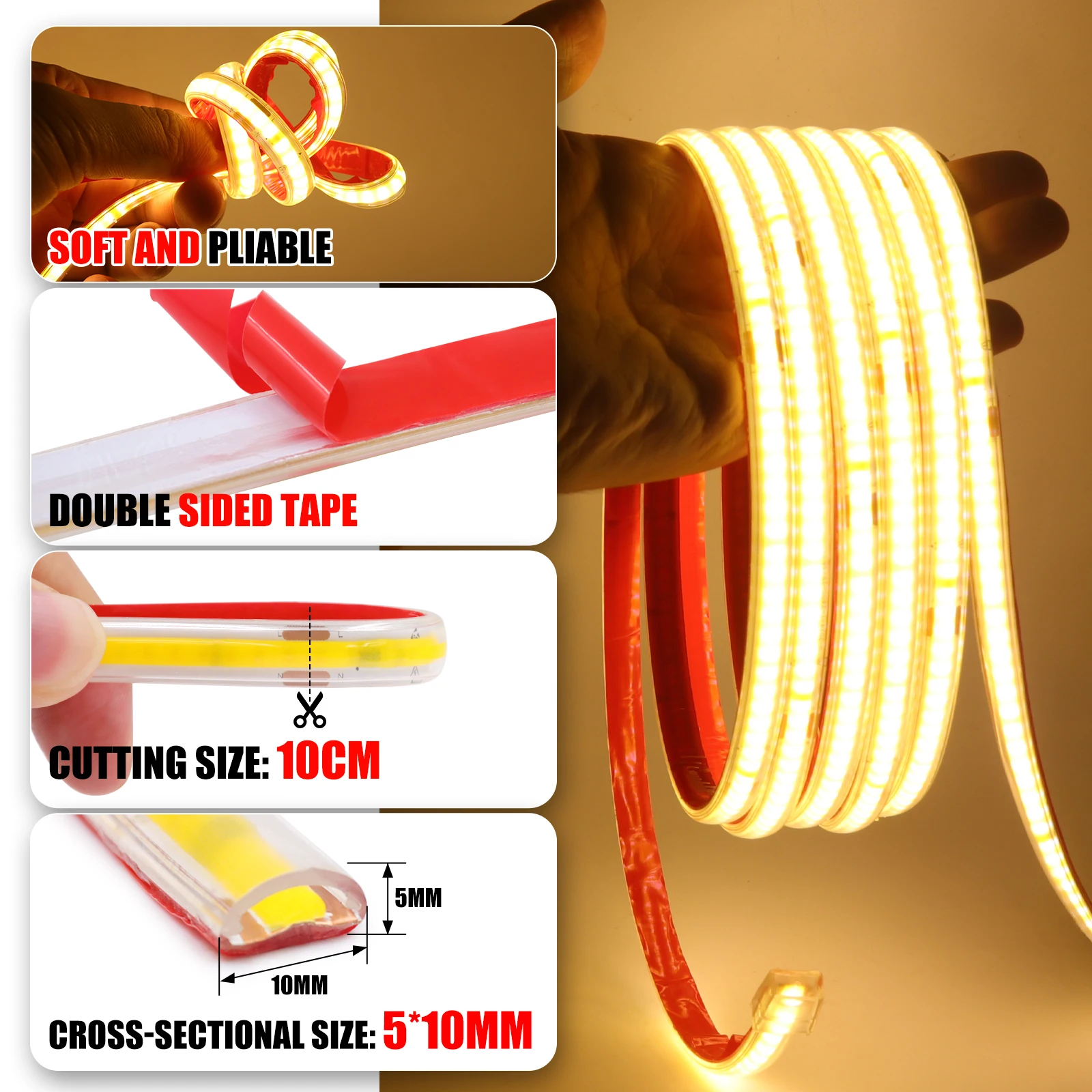 220V COB LED Strip Smart IC Lights IP65 Waterproof Tape Adhesive 10CM Cuttable Flexible Cabinet Wardrobe Home Lighting 10M 20M