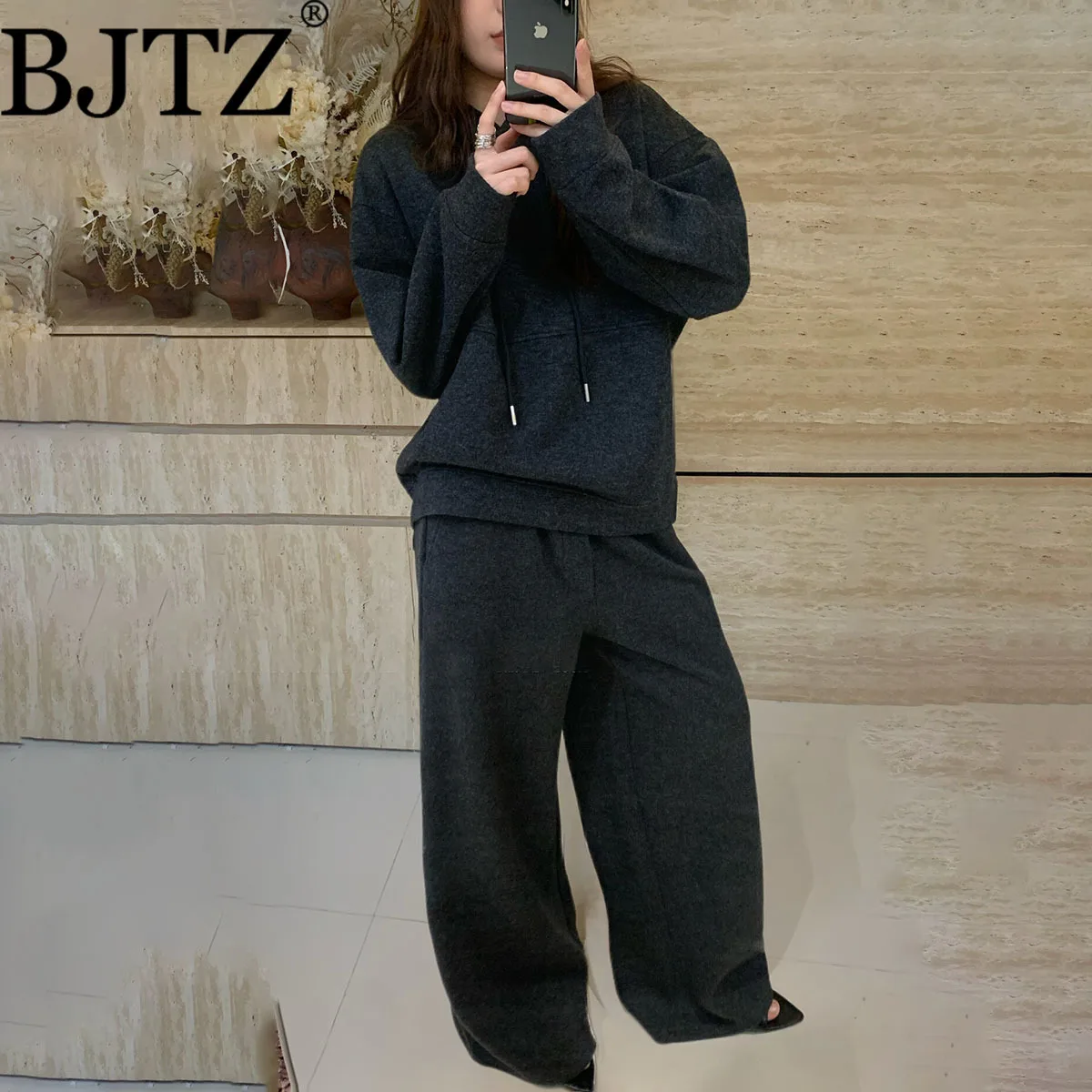 

BJTZ Hooded Loose Sweater+elastic Waistband Drawstring Casual Wide Leg Pants Set(20%wool) For Woman 2025 Autumn Winter New