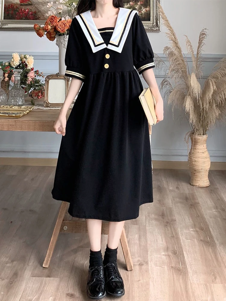 Zoki Japan słodka marynarski kołnierzyk czarna sukienka damska 4Xl Oversize luźna sukienka Kawaii Midi modne guziki styl Preppy elegancka sukienka