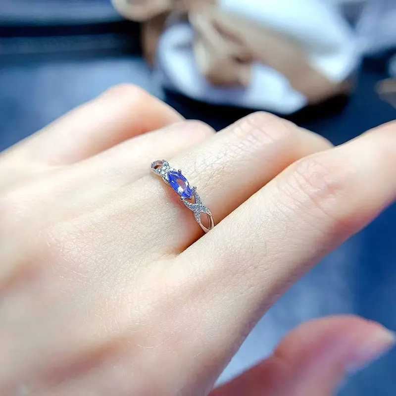 Exquisite 925 Silver Tanznaite Ring 3mm*6mm 0.2ct Natural Tanzanite Jewelry with 3 Layers 18K Gold Plating