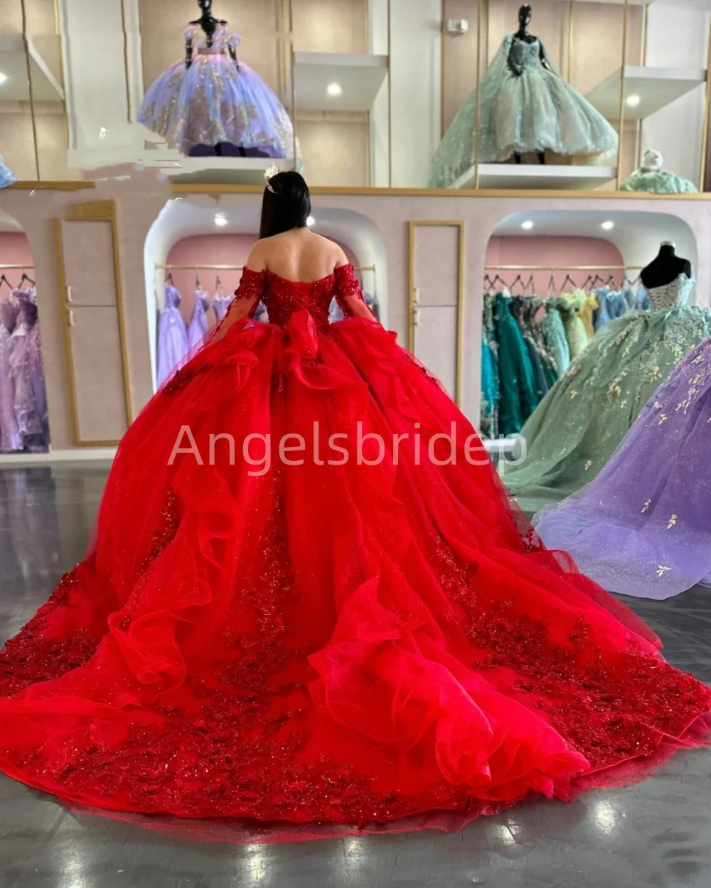 Angelsbride sparkly Red quinnceanera ชุดไปงานเต้นรำ sparkly ชุดงานวันเกิด sparkly vestido de 15 quinceañera