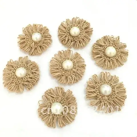 10pcs/lot Vintage Wedding Favor Rustic Wedding DIY Party Decoration Natural Jute Burlap Hessian Flower with Artificial Beads