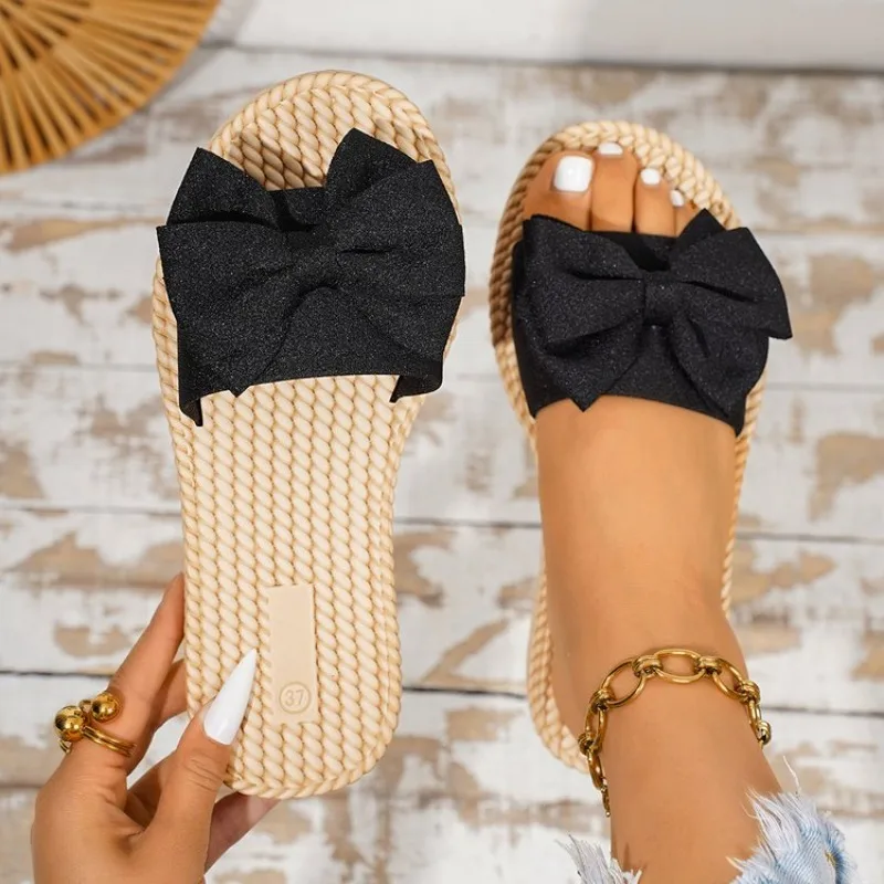 Women's Flat Sandals Open Toe Slip on Backless Slides Oversized Shimmery Bow Woven Look Insole Casual Summer Beach Slipper Shoes