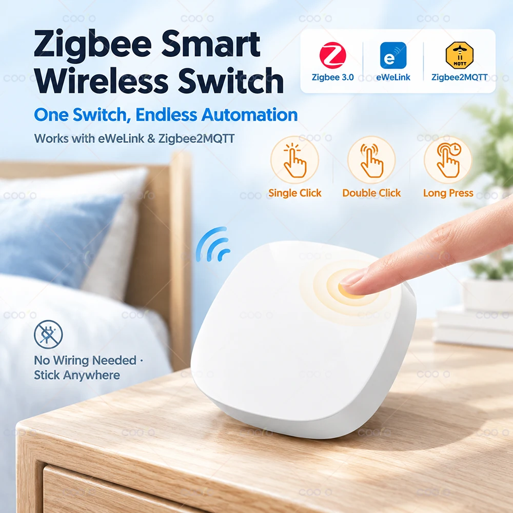 Smart Zigbee 3.0 Push Button Wireless Switch for eWeLink Hub Zigbee2MQTT Home Automation Custom Scene Switch 3 Actions No Wiring