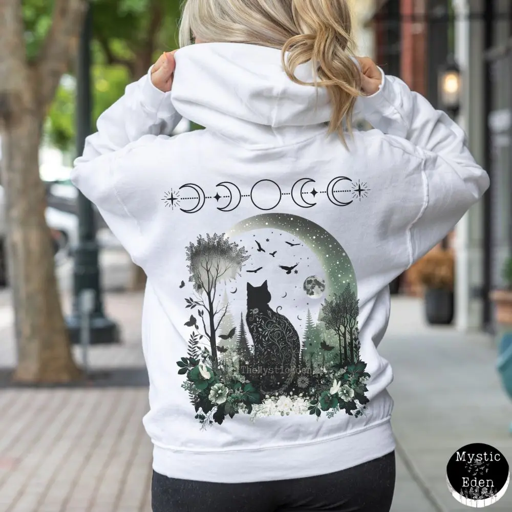 Schwarze Katze Whimsigoth Halloween Katze Hoodie Hexe Hoody Top Damen Vintage Dark Academic Tops Fleece Casual Basic Sweatshirts