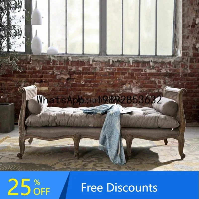 

solid wood rattan fabric sofa bed retro old living room chaise longue