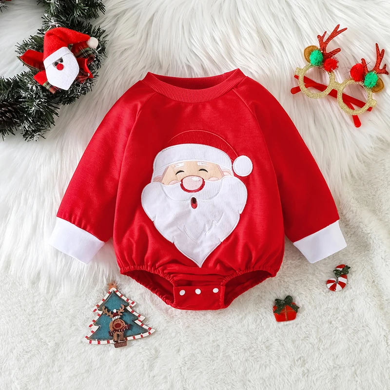 Baby Boys Girls Christmas Romper Long Sleeve Crew Neck Santa Claus Letters Tree Bodysuit for Casual Daily