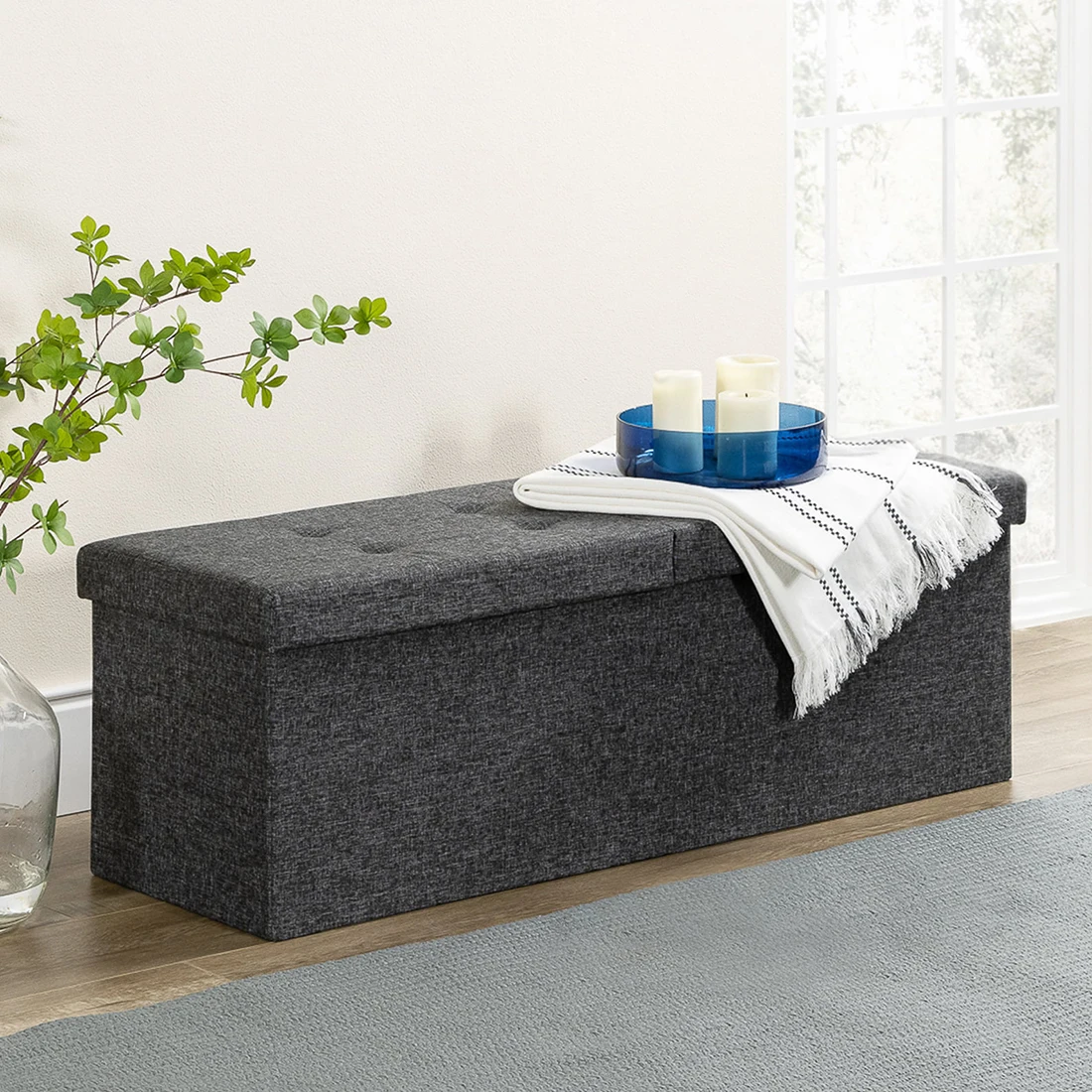 Storage Ottoman Folding Box Chest with  Top Upholstered Tufted Ottomans Bench Foot Rest for Bedroom and Living Room