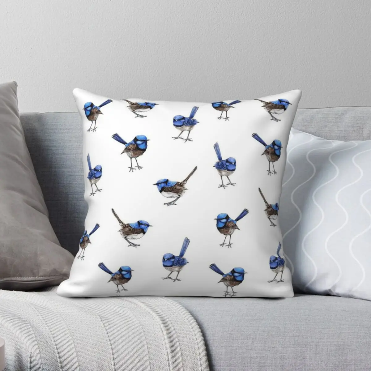 Blue Wrens Scattered On White Square Pillowcase Polyester Linen Velvet Pattern Zip Decor Pillow Case Room Cushion Cover