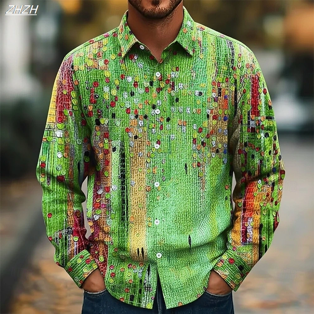 Men's Colorful Dots Print long sleeve Shirt, 3D Abstract Button Up Collared, Fashion Casual Style, Spring Fall Daily Wear