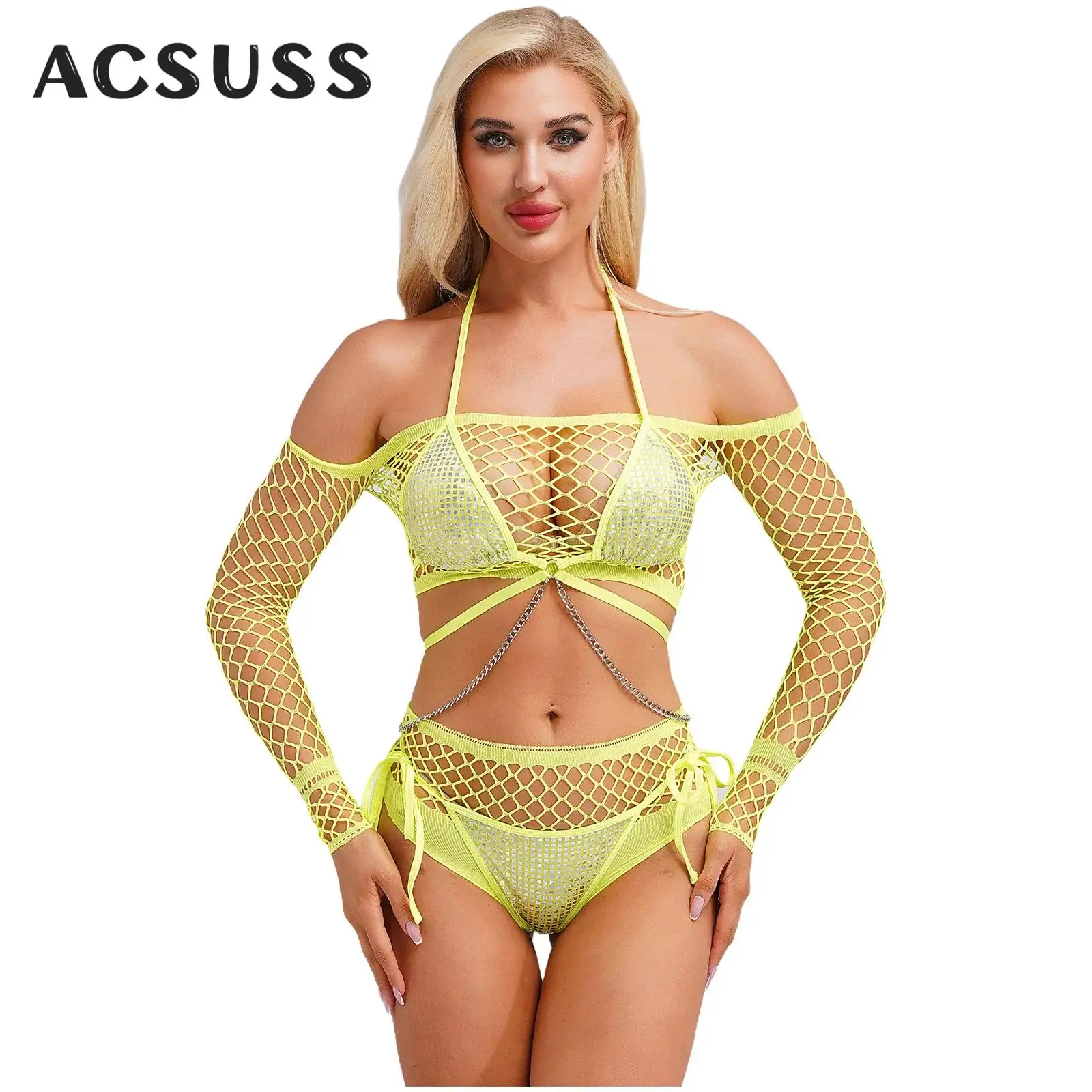

Women Sexy Fishnet Hallow Out Lingerie Set Metallic Chain Bikini Bra Crop Top Briefs Thong Swimwear Cover Up Rave Party Clubwear