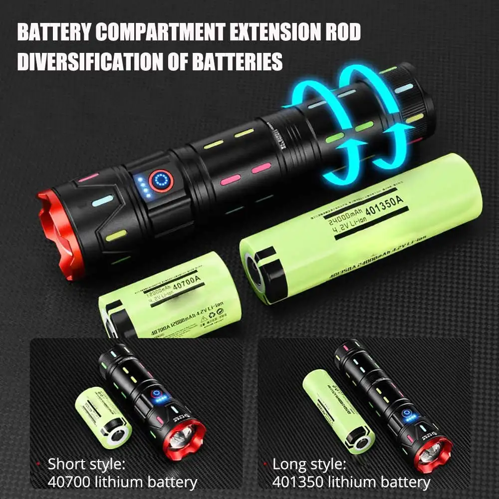 10000mah 2024 Power Spotlight LED Flashlight With Fluorescent Absorbing Film Luminous Colorful Tactical Torch With Power Display