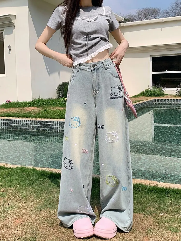 Sanrio Kawaii Jeans Hello Kittys Linda niña pantalones de pierna ancha cintura alta nuevo estilo pantalones vaqueros sueltos cómodos dibujos animados rectos