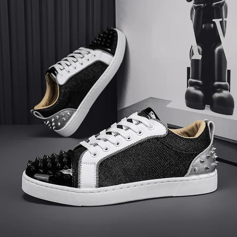 New Designer Men Leather Casual Shoes Trend Rivet Flat Skate Shoes Young Man Cool Lace-up Loafers