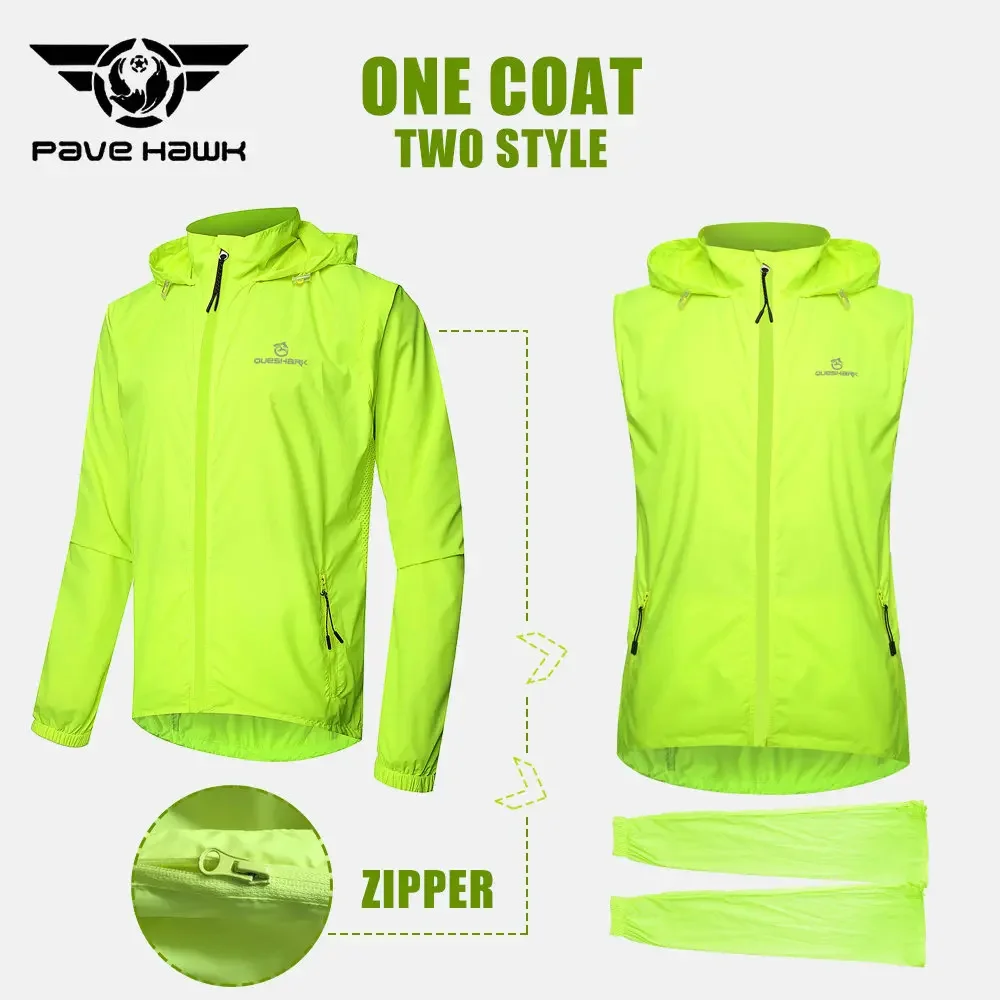 Men Reflective Cycling Jacket Hooded Windproof Waterproof Reflect Light Removable Long Sleeves Breathe Sleeveless Vest Bike Coat