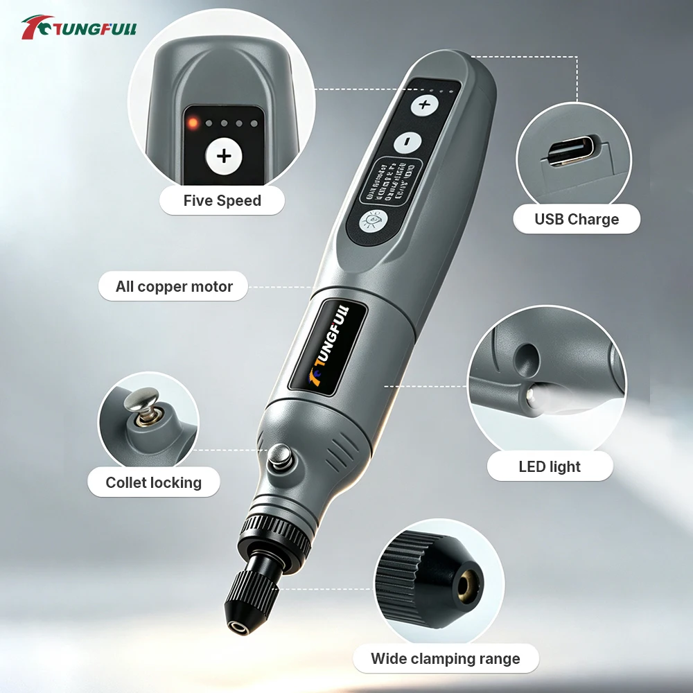 Cordless Mini Rotary Tool 5‑Speed 2000mAh USB Rechargeable Electric Grinder Pen LED Light for Polishing Carving Drilling DIY