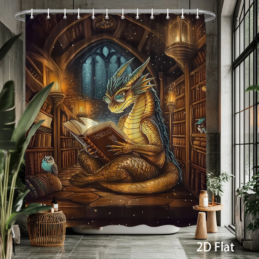 Mysterious Dragon Reading Ancient Books Fantasy Library Shower Curtain Gothic Academia Bathroom Decor Tapestry Waterproof Home A