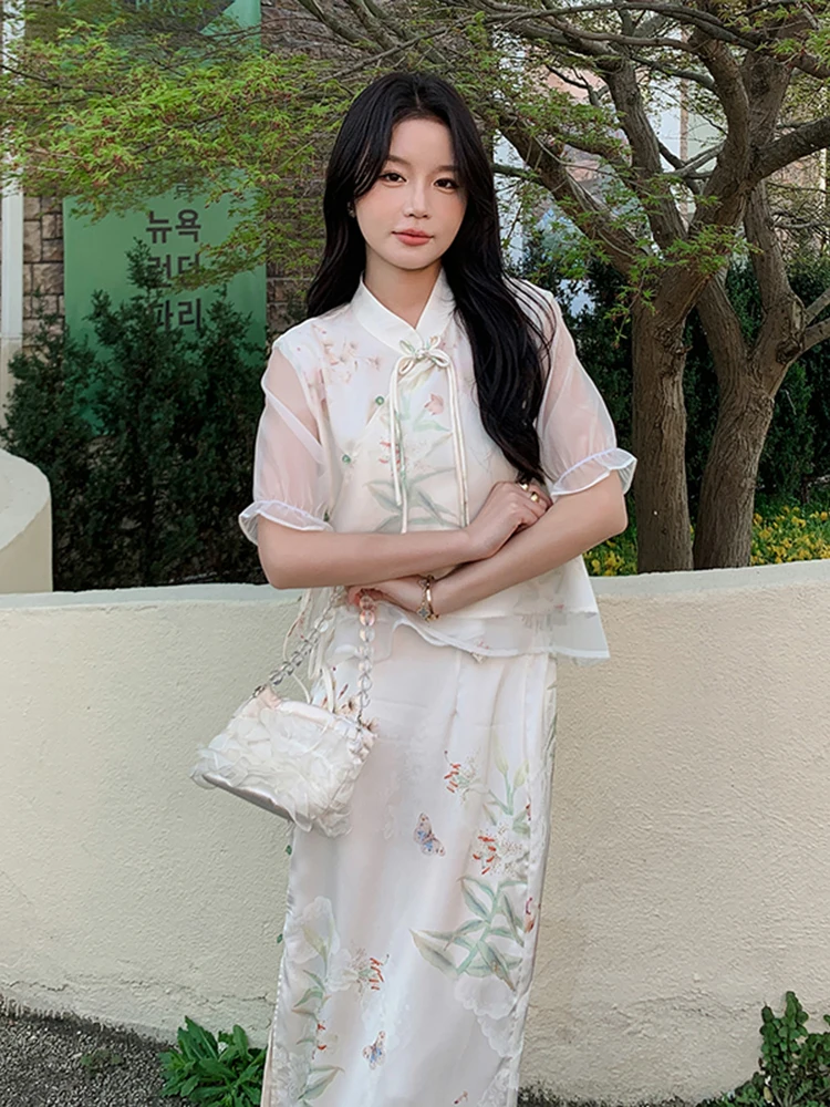 LANMREM Chinese Style Two-piece Set For Women Satand Collar Contrast Color Splited Sleeves Tops With Split Skirt 2024 New 2Z1794