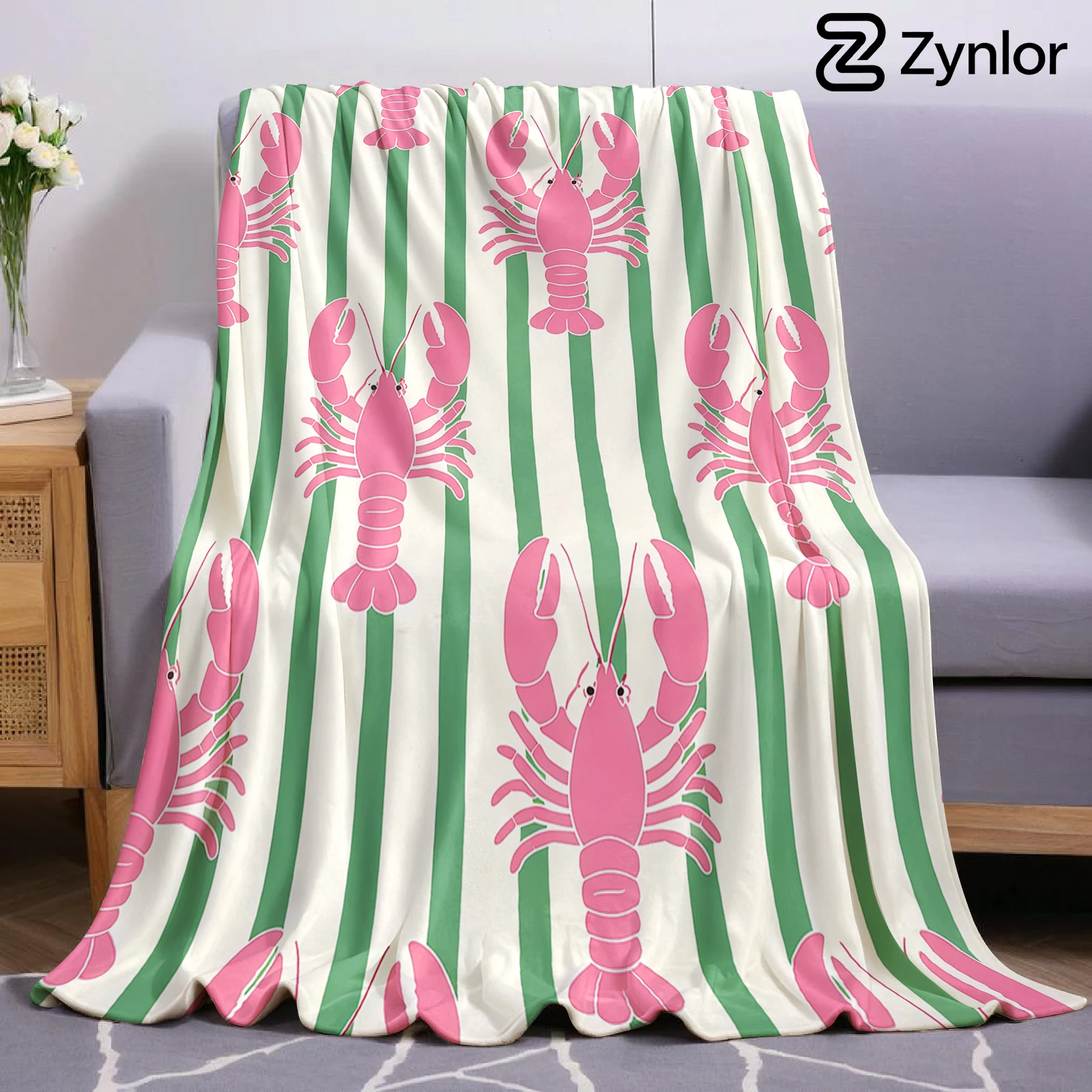Pink Lobster Stripe Cartoon Anime Print Flannel Blanket Soft Warm Throw for Kids Bedroom Sofa Bed Christmas Office Car