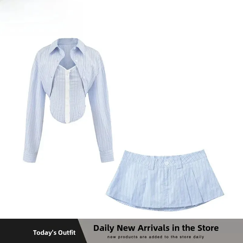 Fashionable Fishbone Strapless Top And Striped Skirt Shirt Set Women's Spring Summer New Arrival Polyester Long Sleeve Short ...