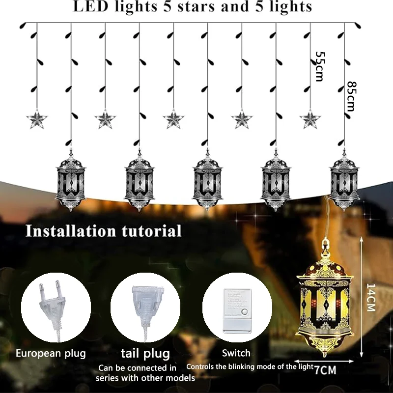 Moon Star Window Curtain lamp 8 Lighting Modes Timer Function for Ramadan Islamic Mubarak string light EU Plug Eid Party Decor