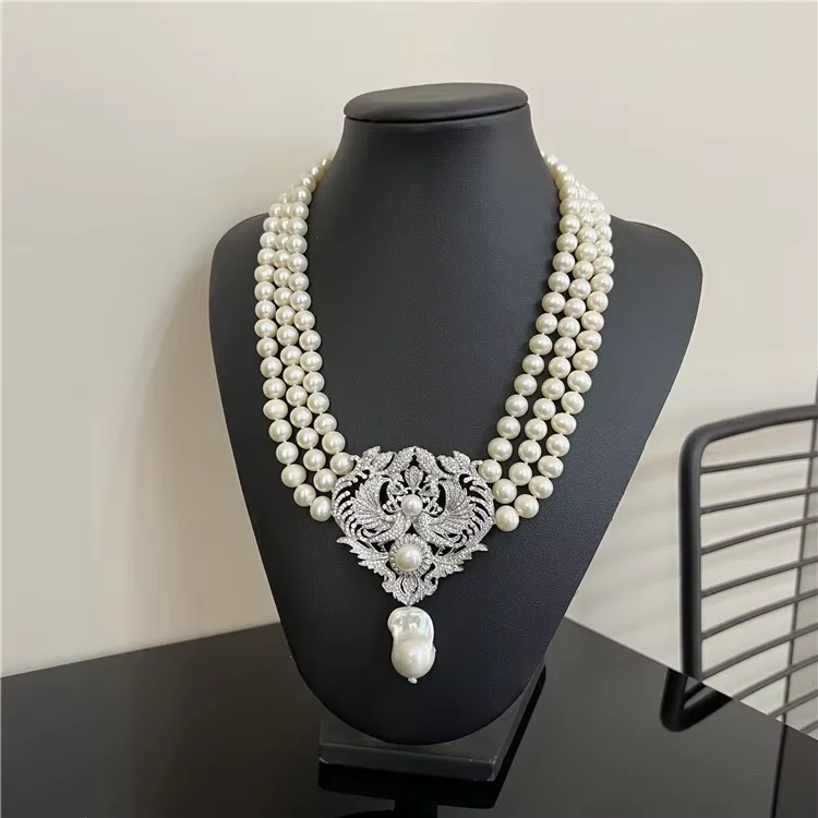 

Natural 3 Strands 8-9mm Freshwater Cultured White Pearl Necklace CZ Cubic Zirconia Pave Pendant Handmade For Women