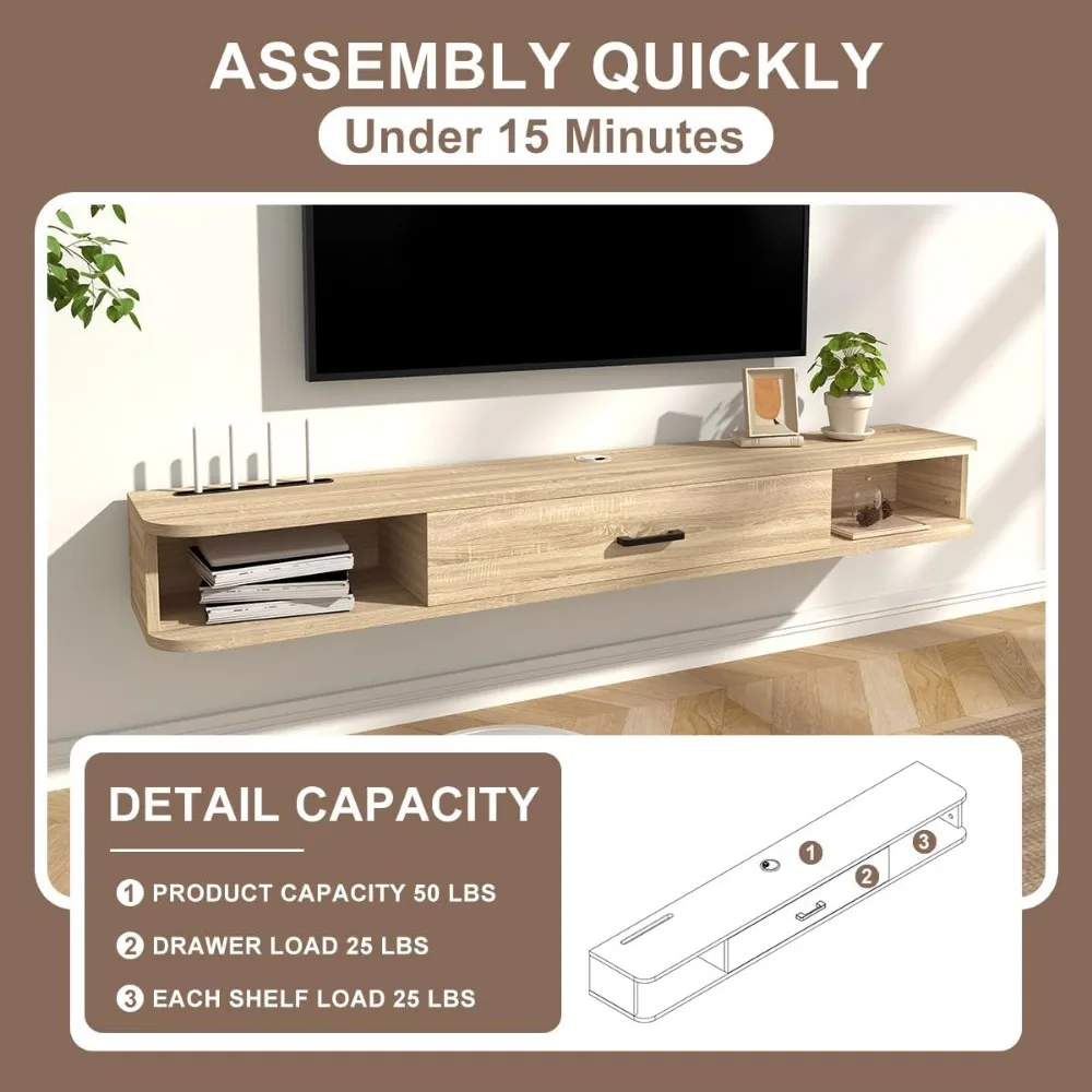 Szafka RTV wisząca na ścianę z półkami, drzwiczkami i kominkiem pod telewizor, oszczędzająca miejsce, na odtwarzacze DVD