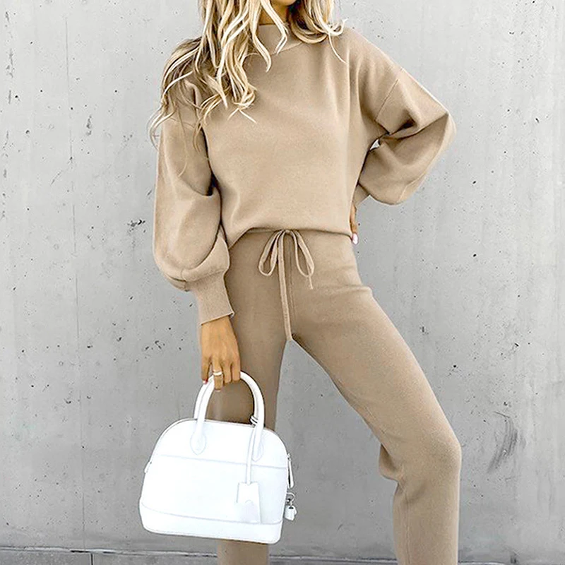 Autumn and Winter Women's Sweater Set High Collar Casual Pure Color Trousers Two-piece Set image 4