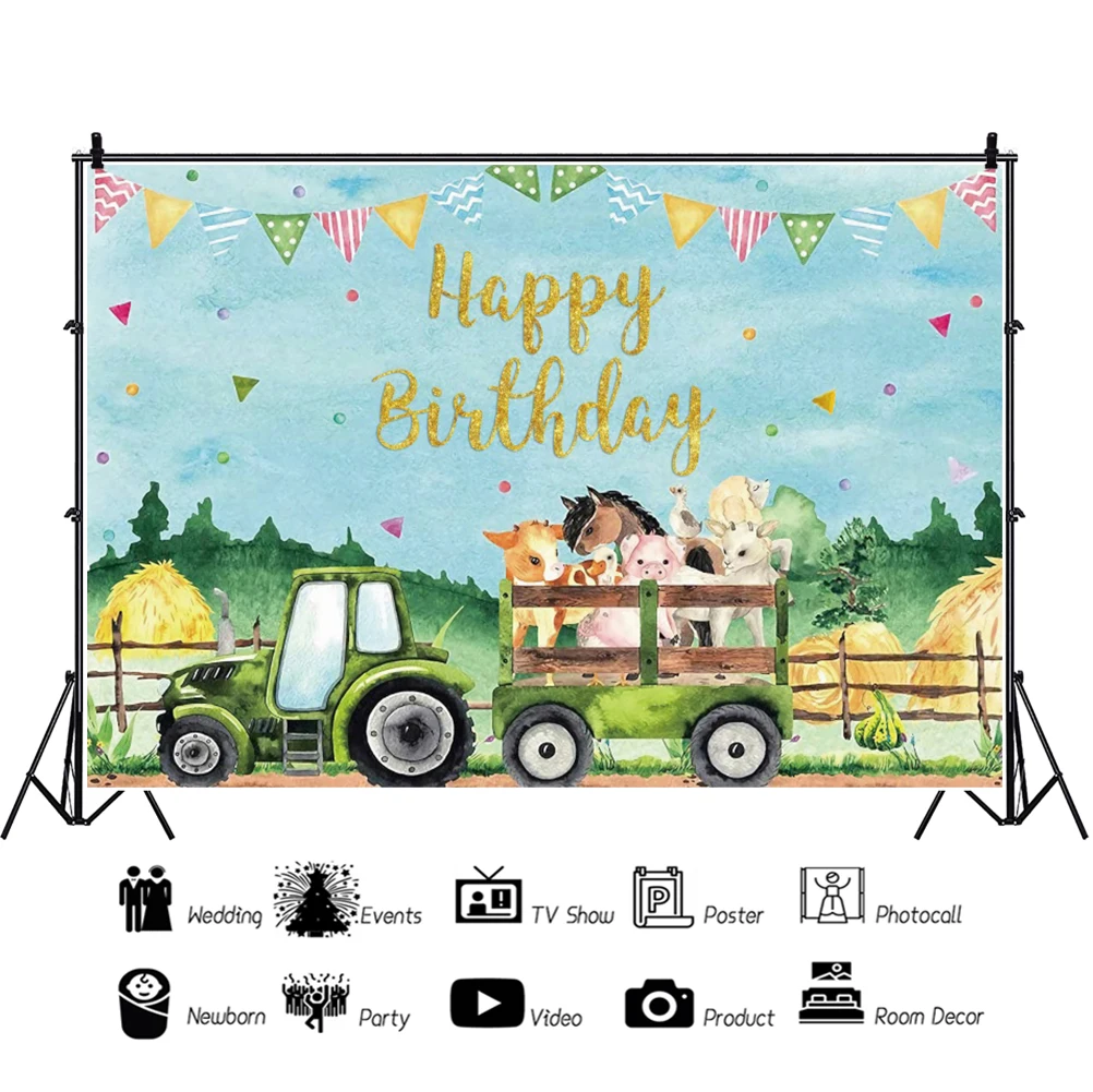 Laeacco Hoạt Hình Trang Trại Sinh Nhật Chụp Ảnh Phông Nền Xanh Xe Tải Động Vật Nông Trại Kid Cho Bé Chân Dung Tùy Chỉnh Nền